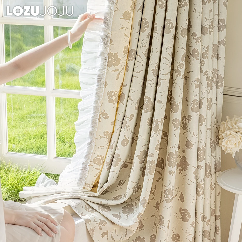 

LOZUJOJU Printed Flower Butterfly Blackout Curtain Lace Ruffle Window Decor Panel for French Window Drapes Home Door 1PC