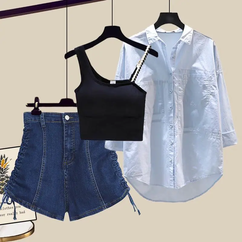 Summer Set Women's New Korean Fashion Western Sunscreen Shirt Tank Top Slimming and Age Reducing Denim Shorts Three Piece Set