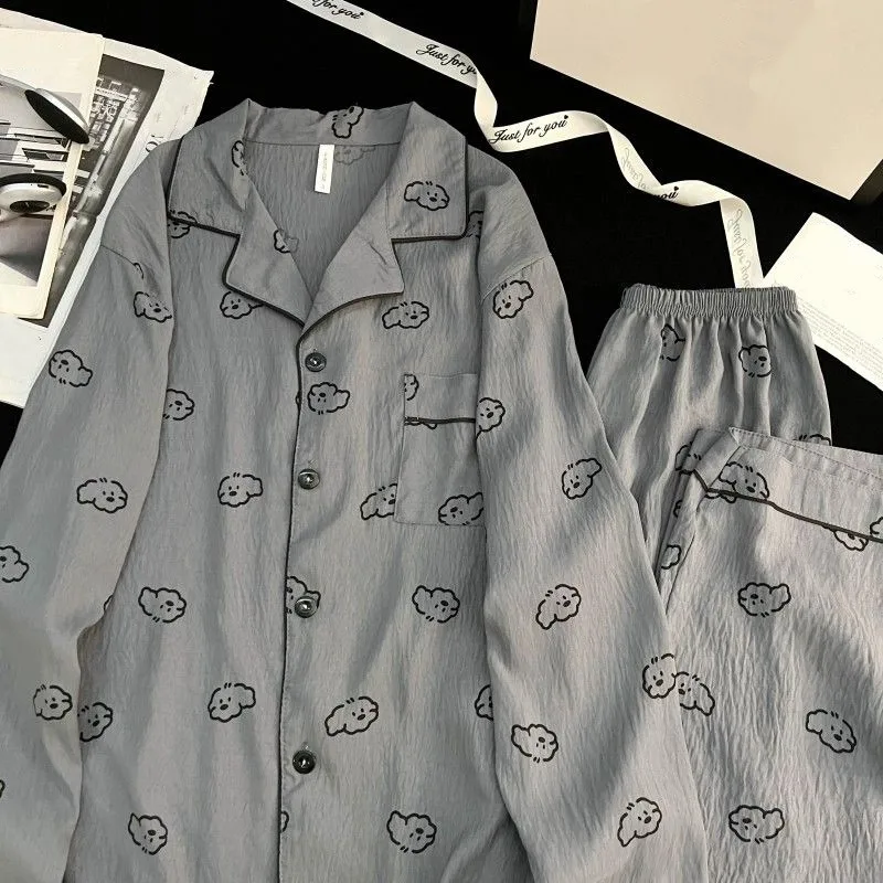 بيجامات رجالية غير رسمية مطبوعة على شكل كلب مقاس كبير بنطلون أساسي بأكمام طويلة ملابس نوم رجالية كبيرة الحجم طقم بيجامات جديد لخريف وشتاء 2025