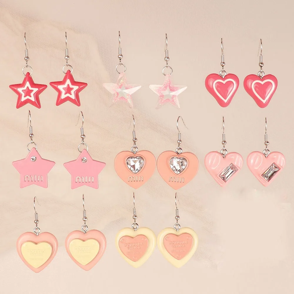 1pair Cute Sweet Cool Rose Pink Stars Five-pointed Stars Double with Diamond Love Earrings Girl Heart Hook Jewelry