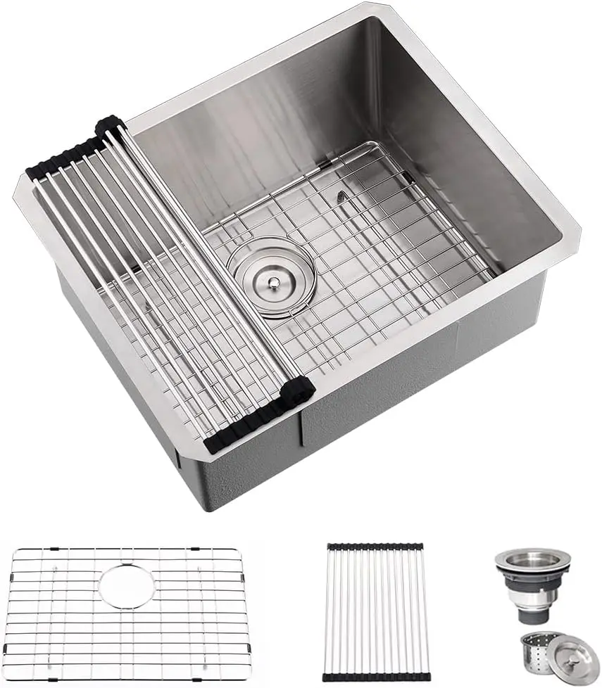 

24 Inch Undermount Laundry Sink, 16 Gauge Stainless Steel, Deep Single Bowl with Bottom Grid