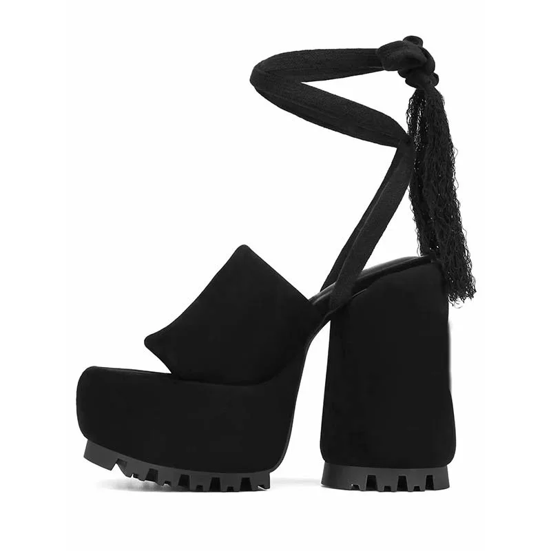 

Босоножки женские замшевые на платформе, пикантные сандалии на толстой подошве, с круглым носком, перекрестными ремешками, высокий каблук, черные