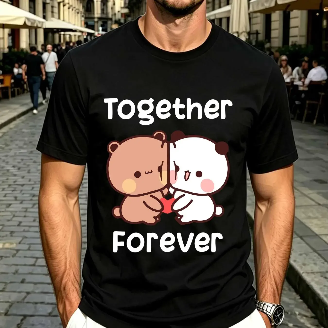 washed T Shirt Bubu and dudu together forever lovers Black vintage Washed homme Breathable Casual Top For Everyday Wear Soft