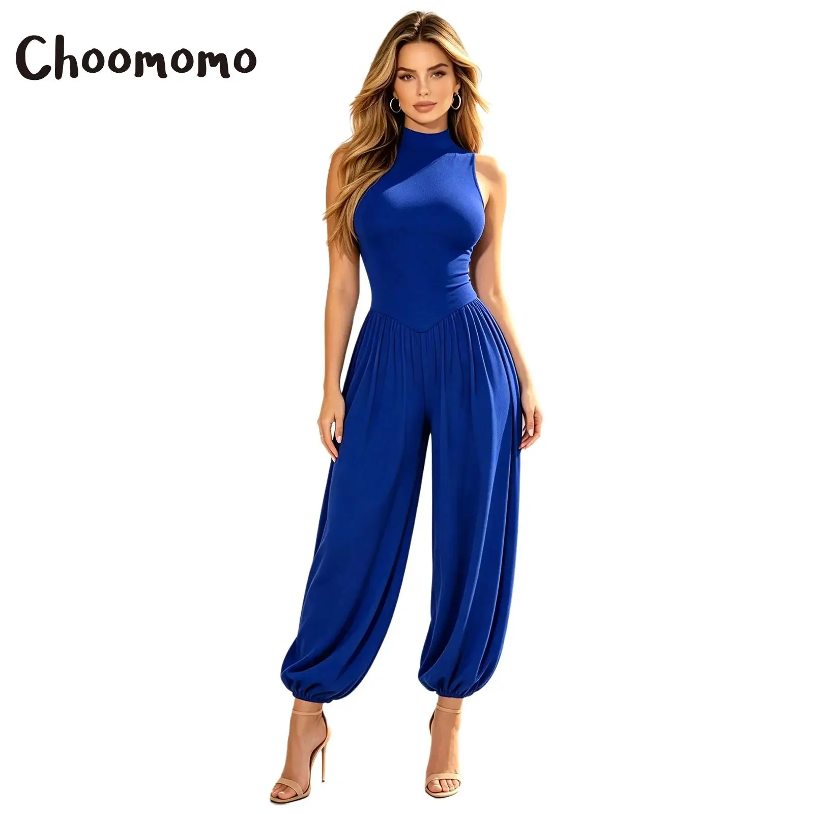 Women Dressy Jumpsuit Mock Neck Sleeveless Back Zip V-shaped Waist Baggy Pants Elegant Office Lady Stretchy Rompers for Vacation