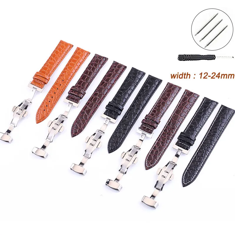 12mm 13mm 14mm 15mm 16mm 17mm 18mm 19mm 20mm 21mm 22mm 24mm Genuine Leather Watchband Butterfly Buckle Strap Bracelet Accessory