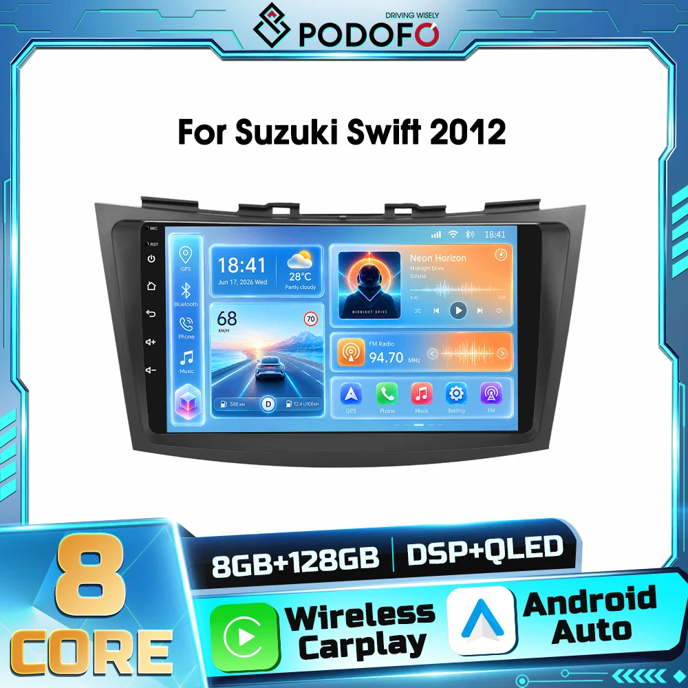 Podofo 8core Android 2din Car Stereo Player for Suzuki Swift 2012 Autoradio Receiver FM RDS Bluetooth WIFI DSP Wireless Carplay Android Auto GPS Navigation