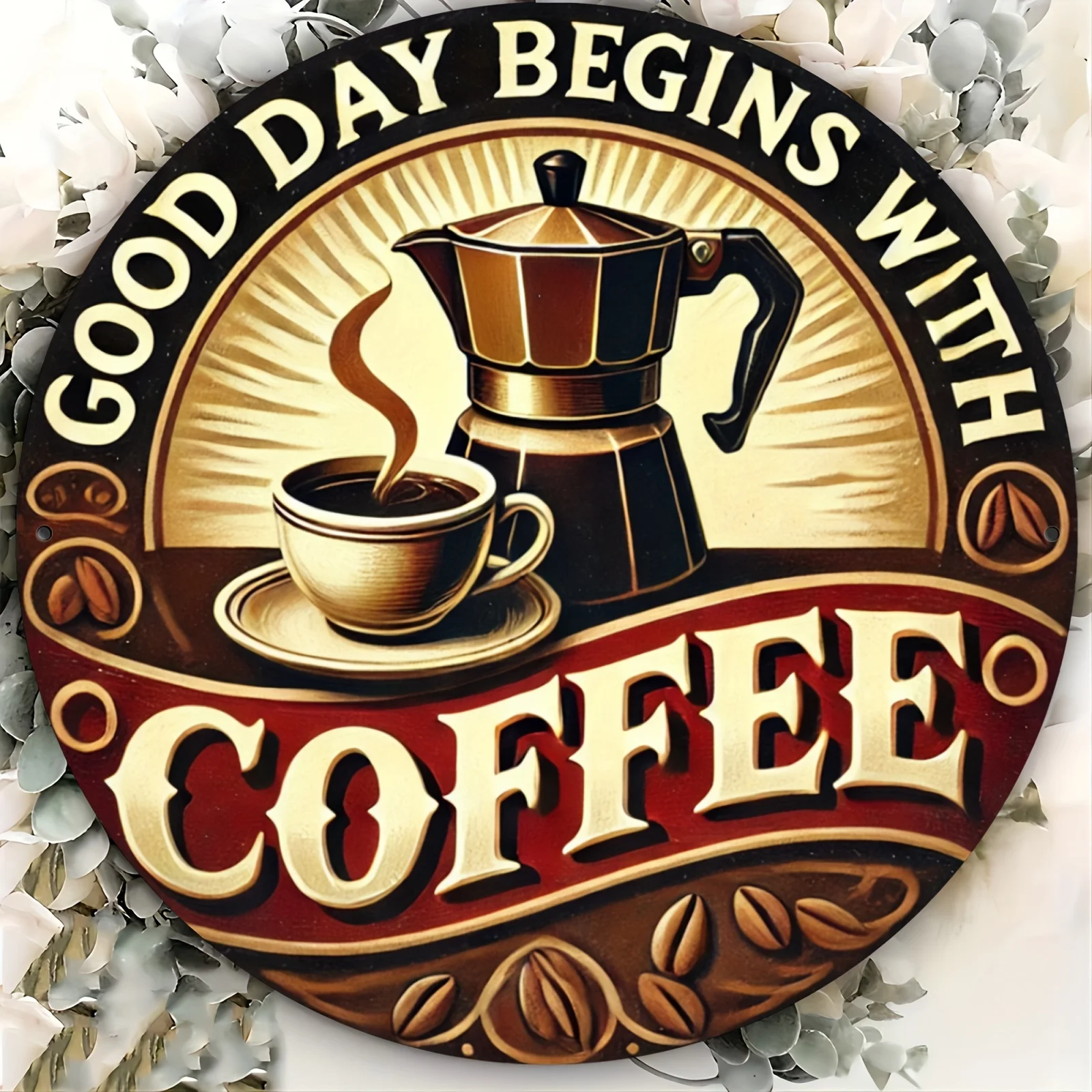Guten Tag beginnt mit Kaffee-Metallschild – 20,3 x 20,3 cm langlebige dekorative Schild mit Aluminiumfolie und Gravur für Zuhause, Küche, Restaurant