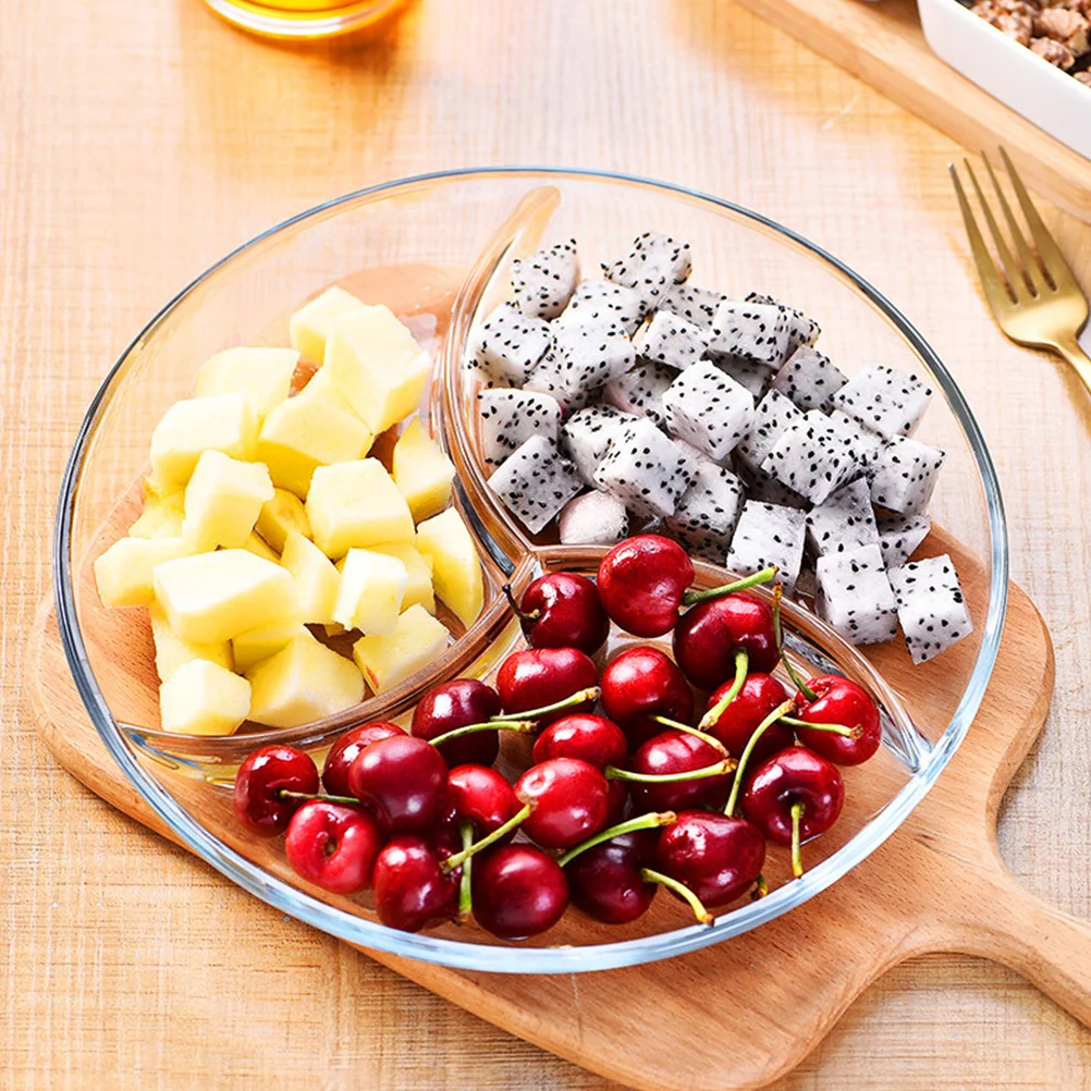 

Tempered Glass Divided Plate Three Sections Portion Control Plate Microwave Safe Food Tray Dessert Snack Tray Divided Dish
