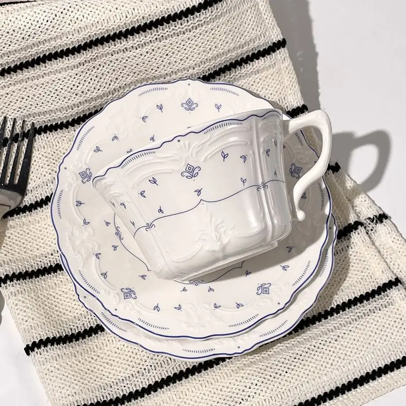 Rural Style Niche Retro Relief Blue Floral Ceramic Hand-held Latte Coffee Cup Plate French Exquisite Afternoon Tea Set