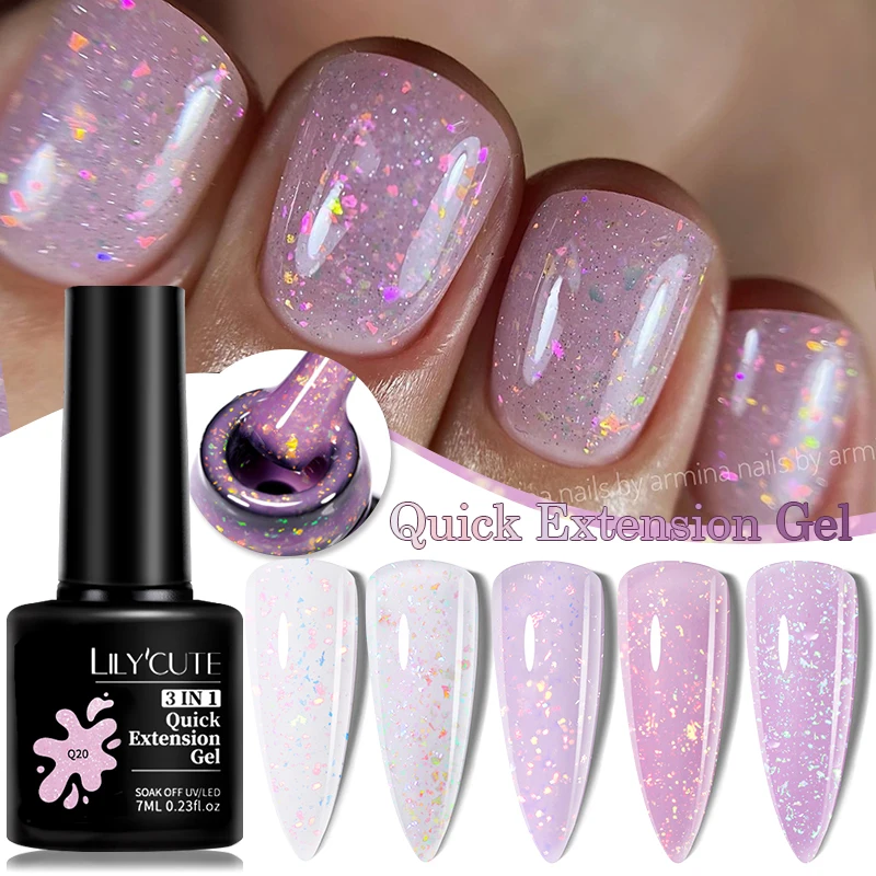 LILYCUTE 7ML Pink Glitter Quick Extensions Gel Construct Gel Nail Polish Semi Permanent Nail Extend Auroras Sequin Gel Polish