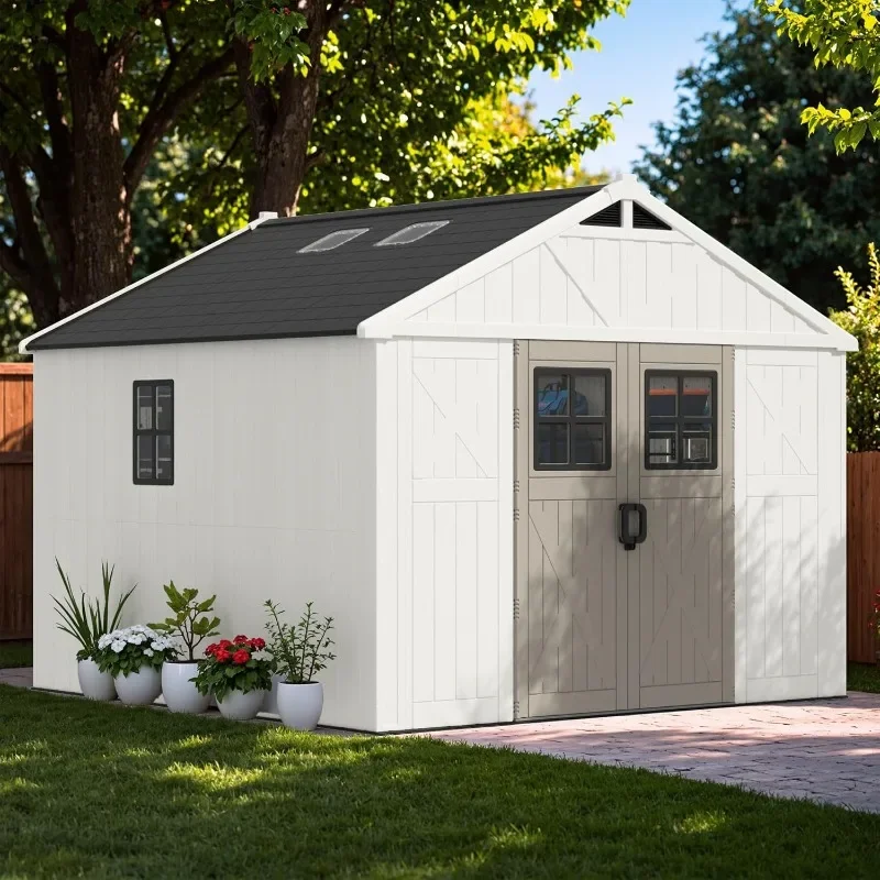 Lockable Resin Shed with Windows, 10x10 Outdoor Storage with Floor, Weatherproof Tool Shed for Lawn, Patio, Pool (Beige)