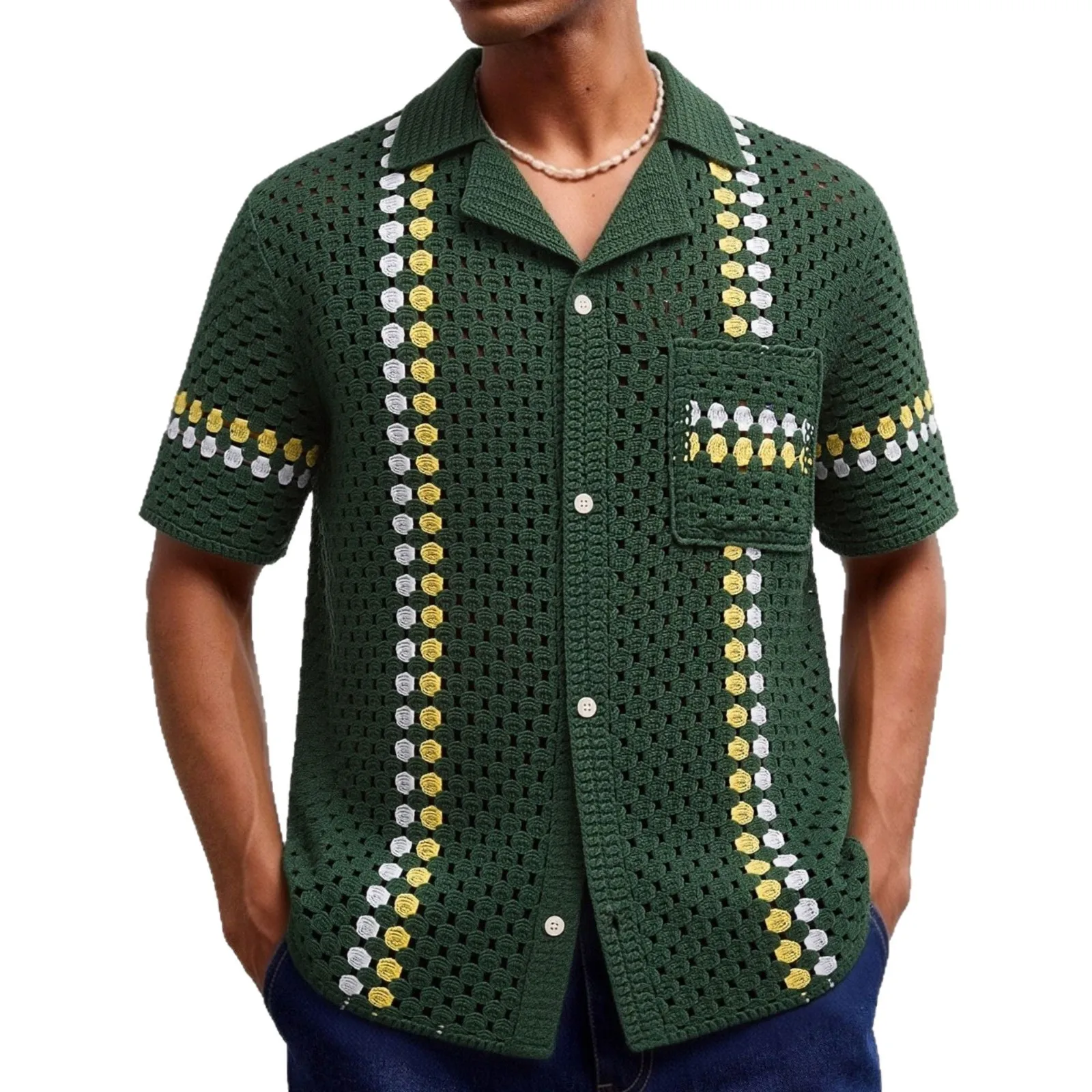 European and American men's crochet hollow knitted shirt, contrasting striped Cuban collar short sleeved cardigan, polo shirt
