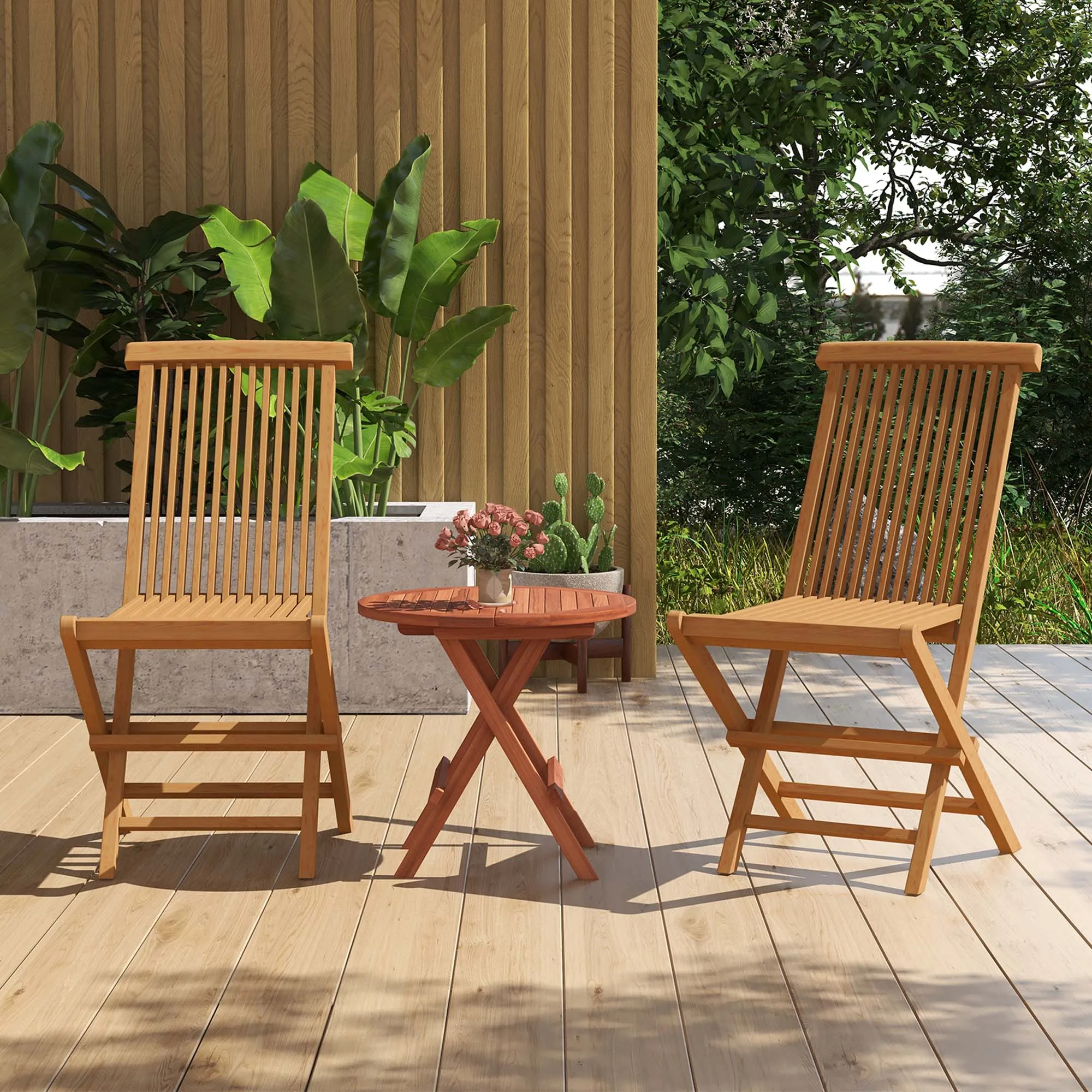 

3PCS Patio Bistro Set Round Table Indonesia Teak Wood Folding Chair Slatted Tabletop Seat