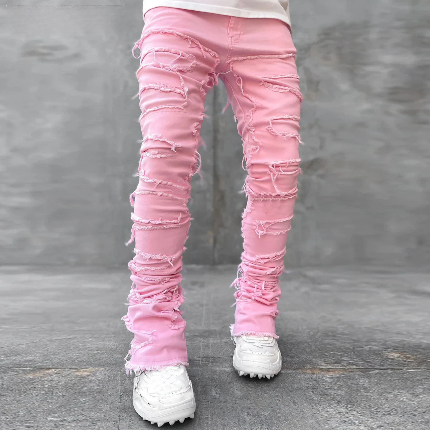 Streetwise Stretch Patch Jeans For Men Bottom Baggy Men's Clothing Summer Solid New Fashion Mid Waist Patchwork Long Pants Male