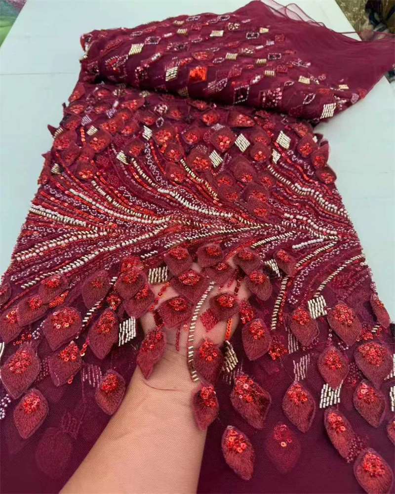 

French Mesh Lace Fabric with Embroidery And Sequins Beaded Tulle for Women's Party Dresses Sewing African-Inspired Design