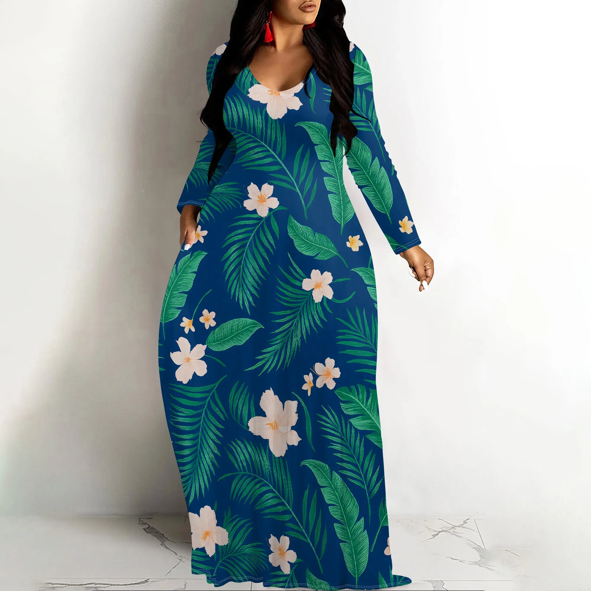 Women's V Neck Maxi Dress Ruffles Full Sleeve Floral Dresses Wedding Guest Sundress with Belt