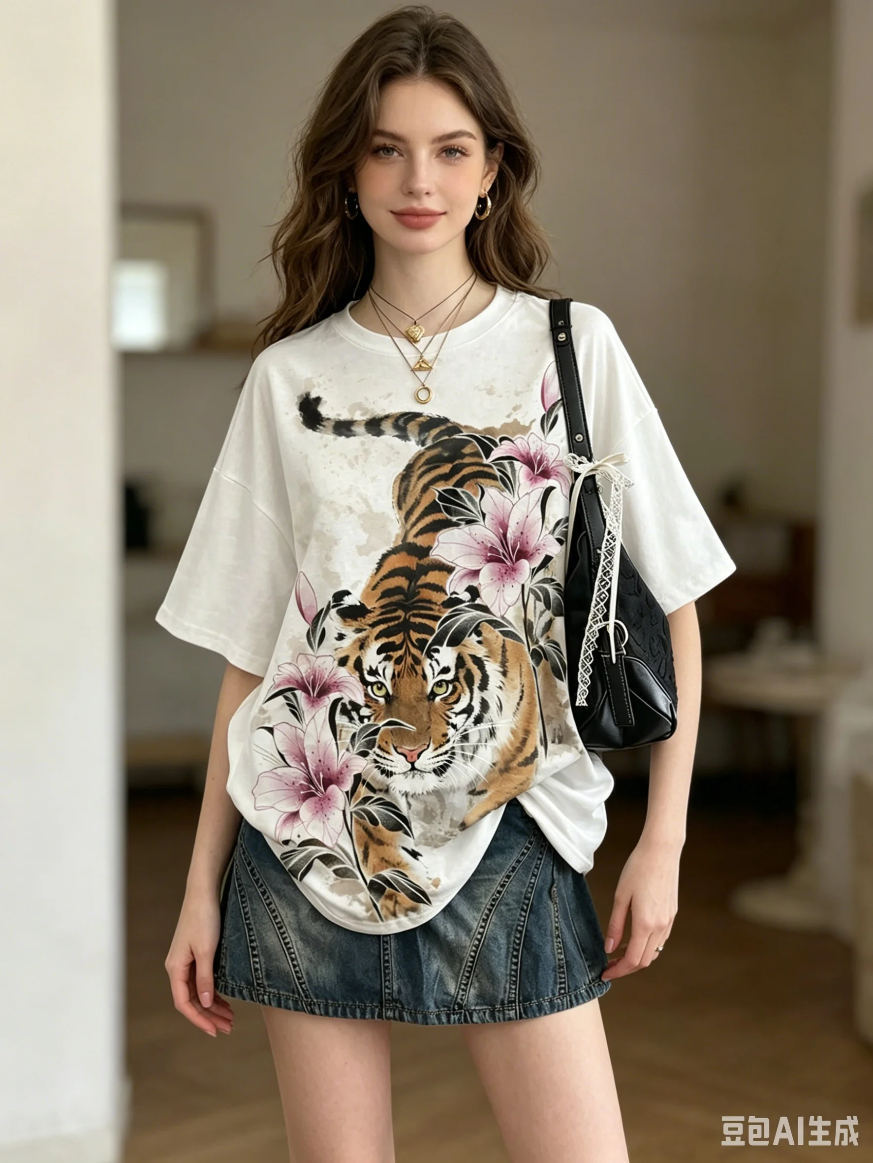 Women's Summer Retro Chinese Style Tiger Flower Graphic Round Neck Short Sleeve Loose Casual Top Street Trend Daily Wear