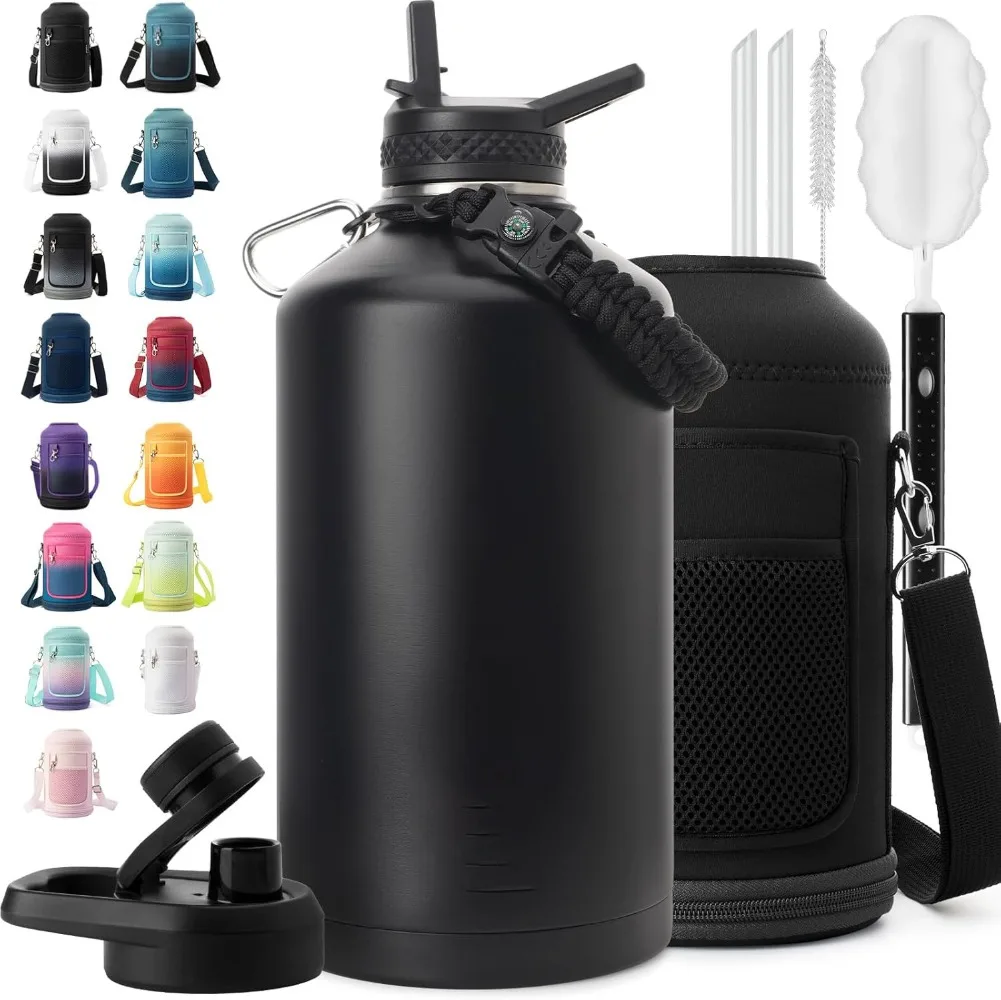 64oz/87oz Water Bottle Insulated Leakproof - Half Gallon Water Jug Black for Men