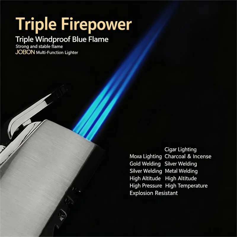 JOBON Triple Jet Torch Cigar Lighter Windproof Blue Flame Butane Gas Refillable Metal Portable Cigarette Lighter Men Luxury Gift