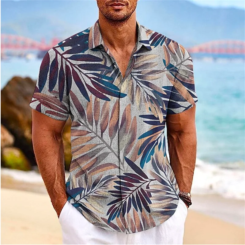 2023 Men\'s Shirt Leaf Print Lapel Button Shirt Outdoor Street Short Sleeve Clothing Oversized Fashion Designer Casual Soft 5XL