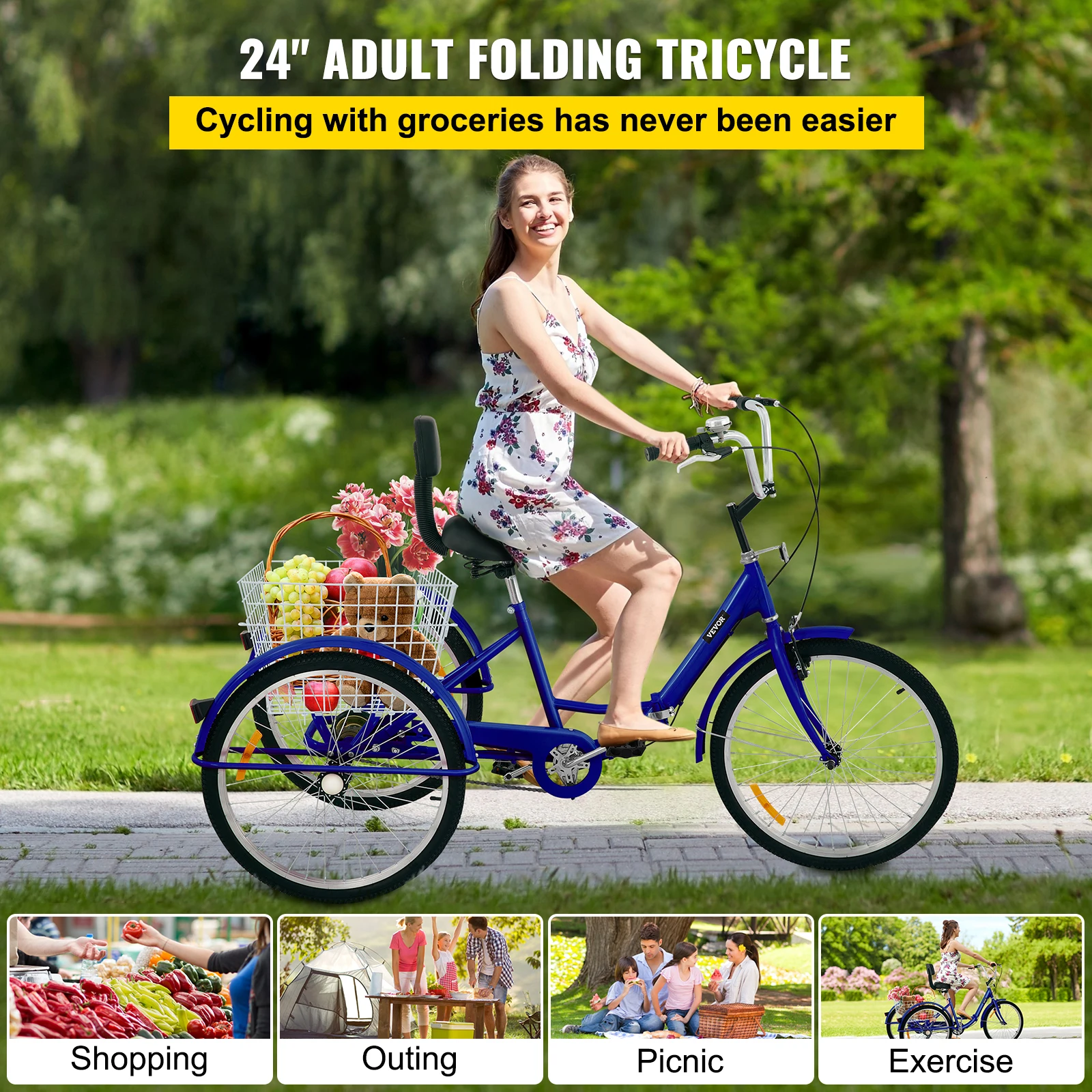 VEVOR 20 inch Folding Adult Tricycle 3 Wheel Trike Bike 24 inch 1/7 Speed Carbon Steel Cargo Trailer Pet Cart Outdoor Travel