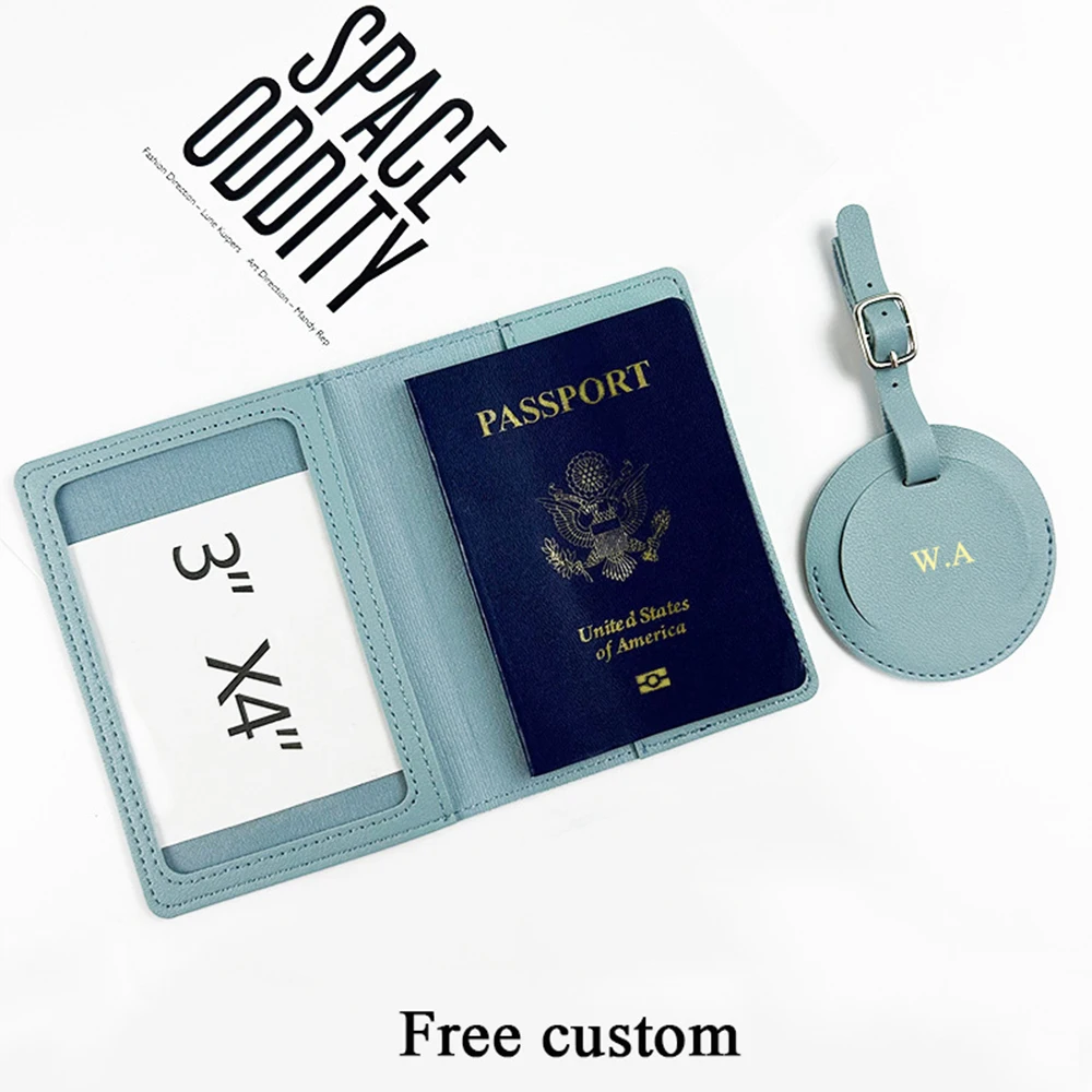 Soporte de pasaporte de viaje con nombre personalizado gratis, juego de etiquetas de equipaje, cuero PU, letras personalizadas, regalo, funda de pasaporte, etiqueta de nombre de maleta