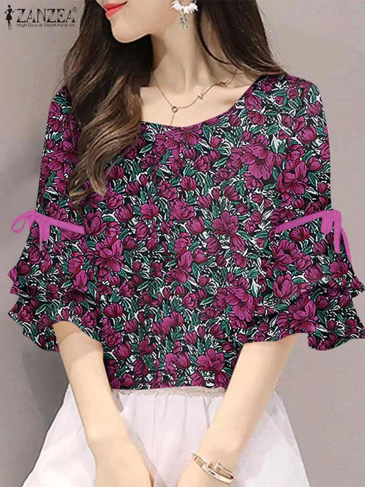 2024 ZANZEA Summer Blouse Women Short Sleeve Floral Printed Casual Shirt Elegant Work Blusas Bohemian Stylish Holiday Tops Tunic