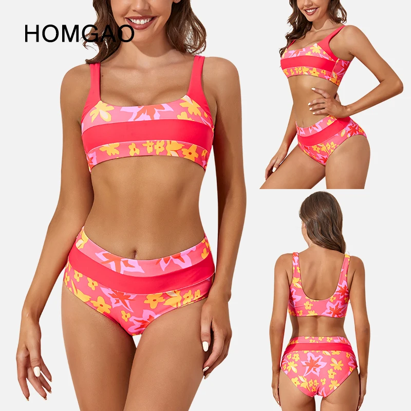 HOMGAO Pink Floral Bikini 2023 Women High Waist Swimsuit Two Piece Female Sexy Brazilian Push Up Bathing Suit Swimwear Biquini