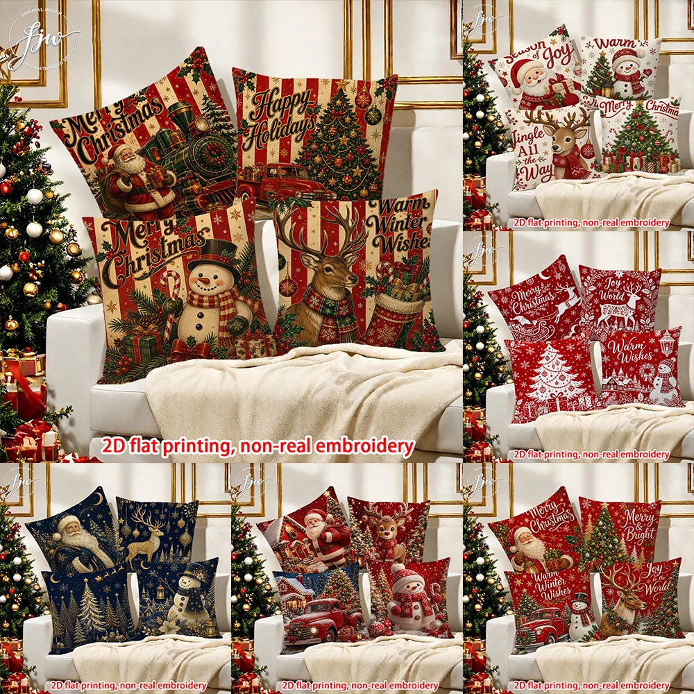 4pcs Christmas Throw Pillow Covers Vintage Xmas Santa Snowman Reindeer Holiday Decorative Cushion Cases for Sofa Couch Bed