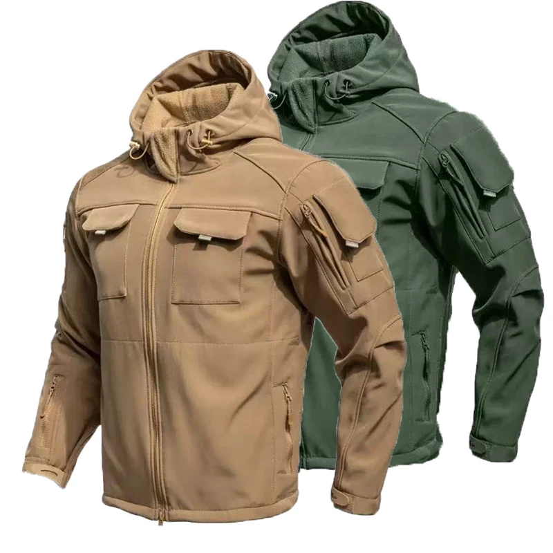 Men Tactical Winter Autumn Fleece Parkas Waterproof Cargo Jackets Windbreak Hiking Camping Climbing Sharkskin Casual Hood Coats