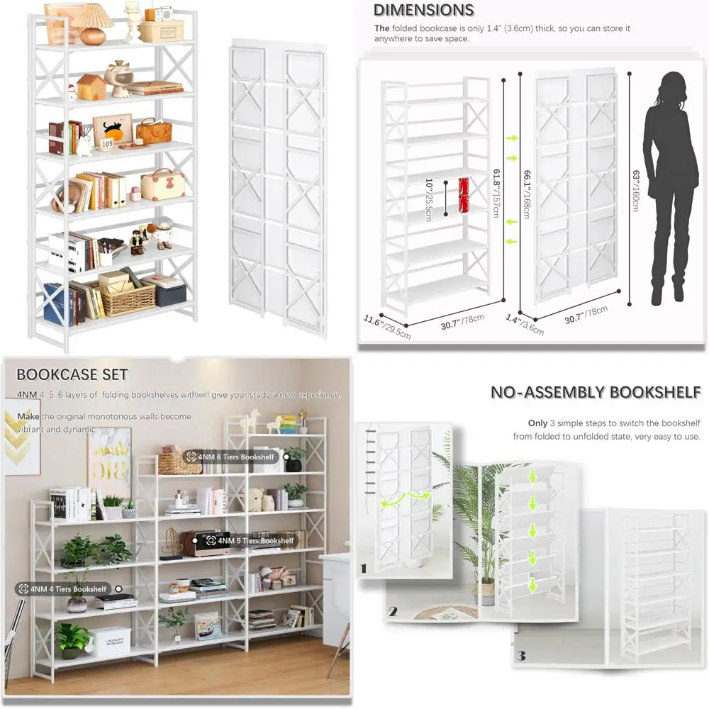

Extra Wide 6-Tier Folding Bookshelf, 61.8 High, Industrial Style, Open Shelves for Bedroom Storage