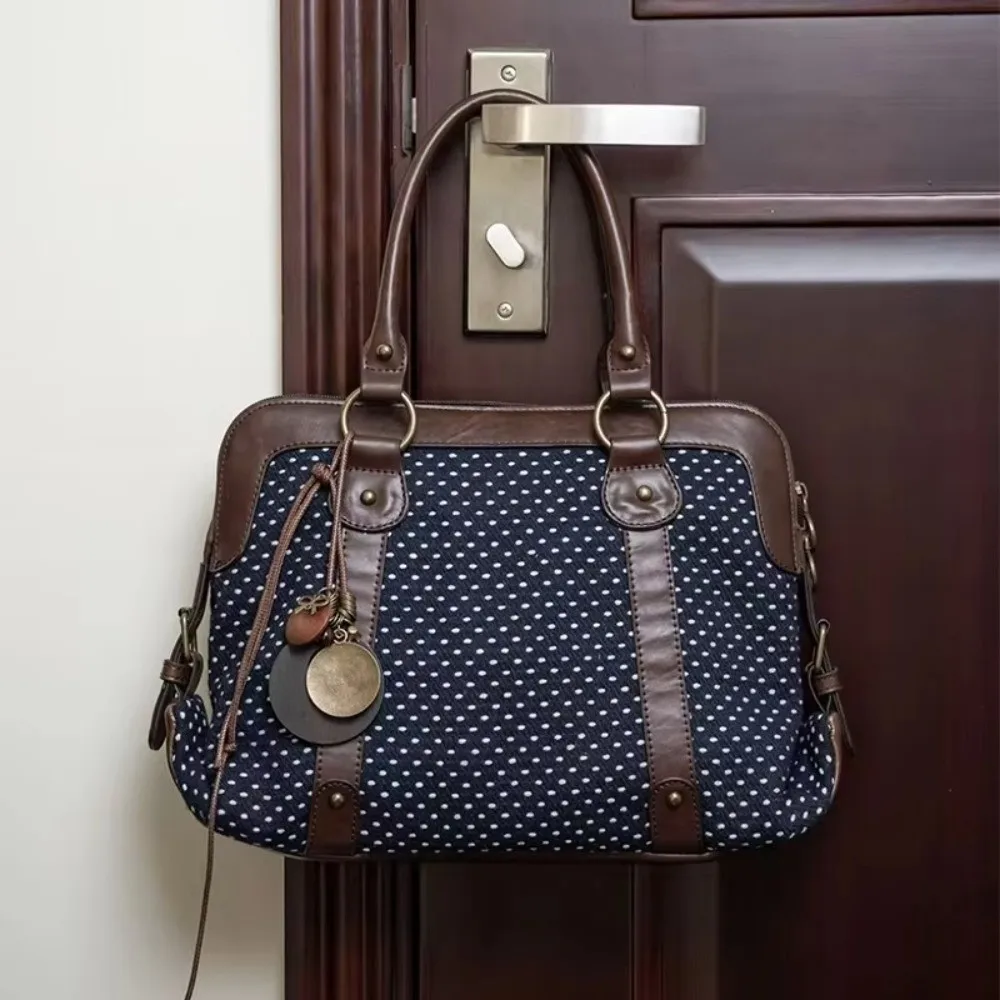 

Fashion Large Capacity Polka Dot Handbag Retro Leather Trim Women's Tote Bag Simple Vintage Shoulder Bag Daily Commuting