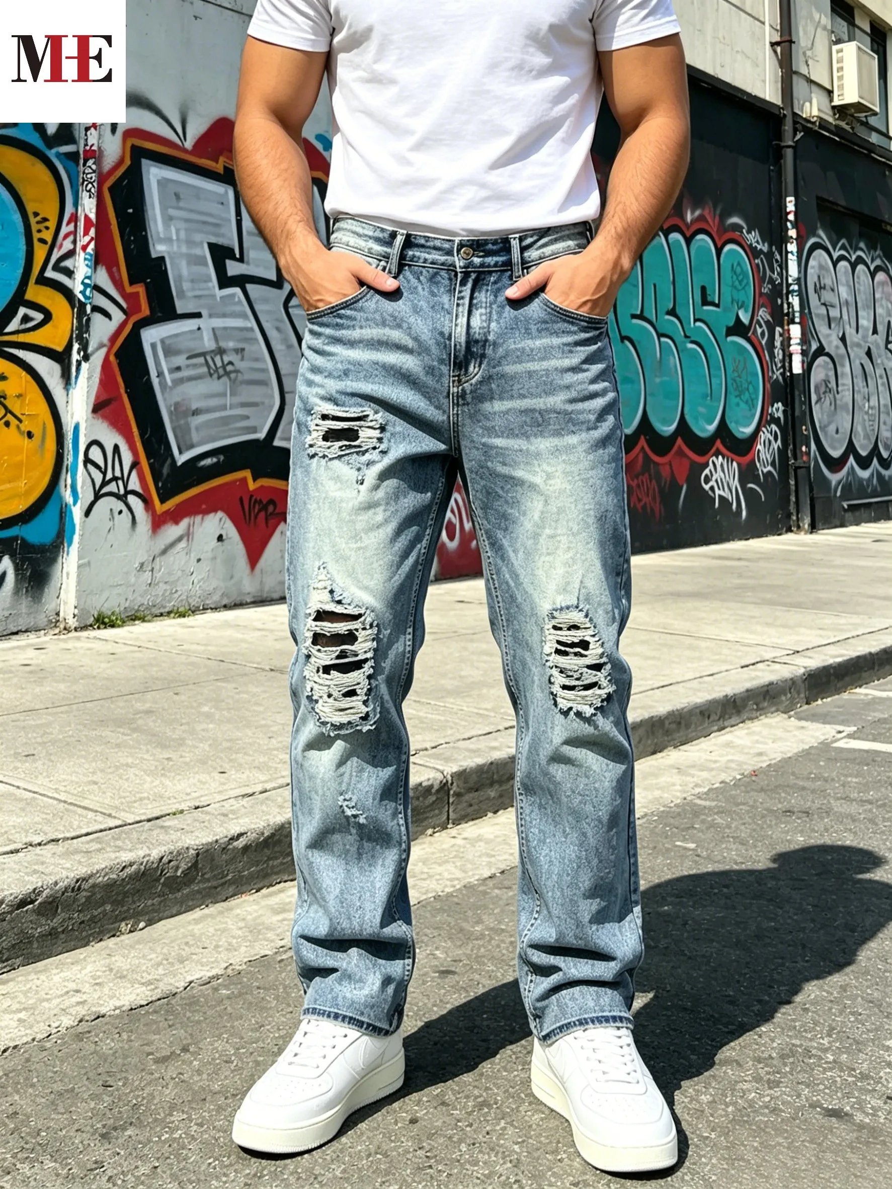 HME Men's Light Blue Denim Pants, Straight Long Pants with Gradient Vintage Wash, Multi-Layer Frayed Rips & Black Inner Lining