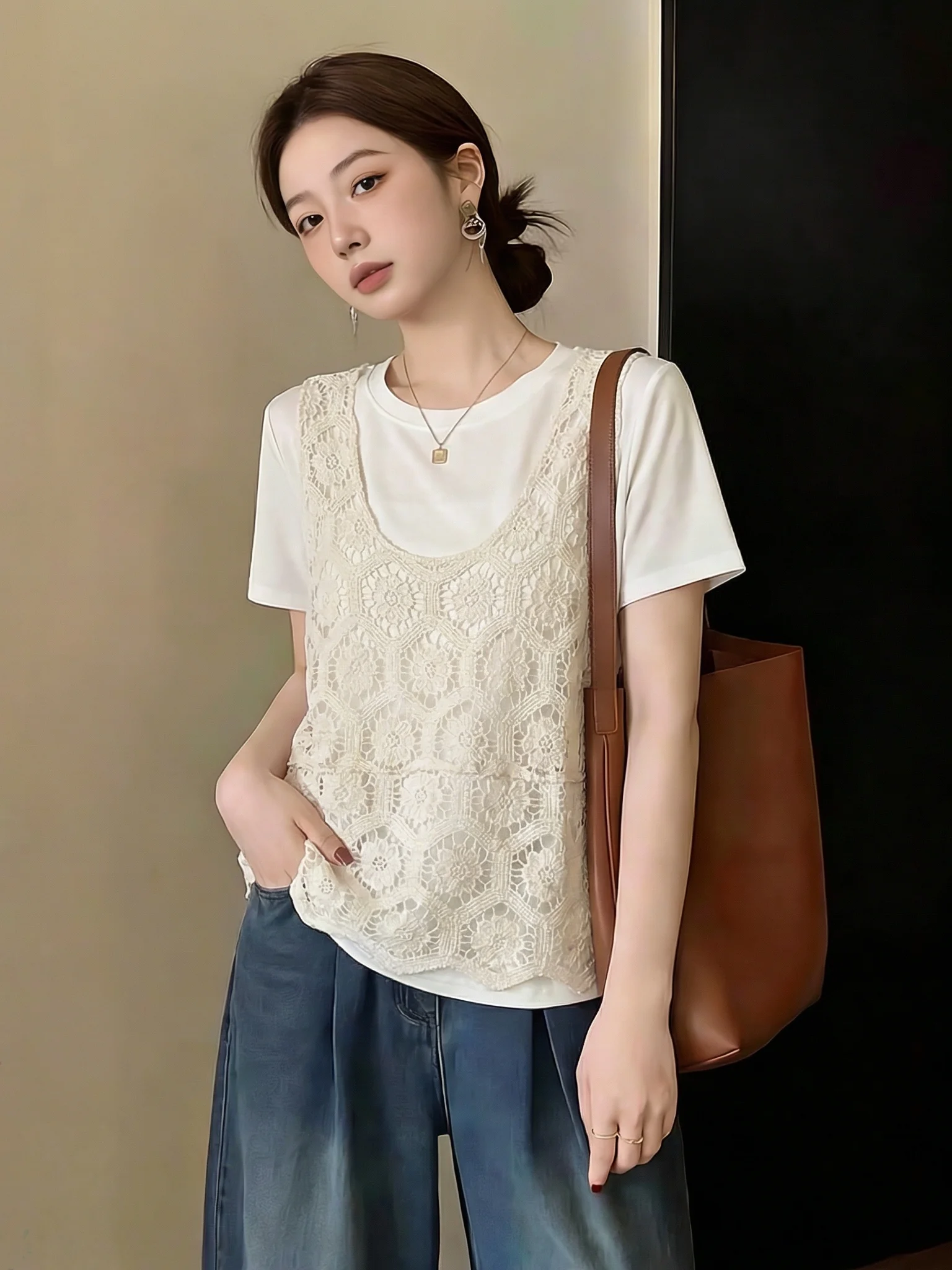 Lace Hollow out Short Sleeve Women's Vest Top Summer New Style Two Piece Set round Neck A-Line Narrow Shoulder Strap Vest