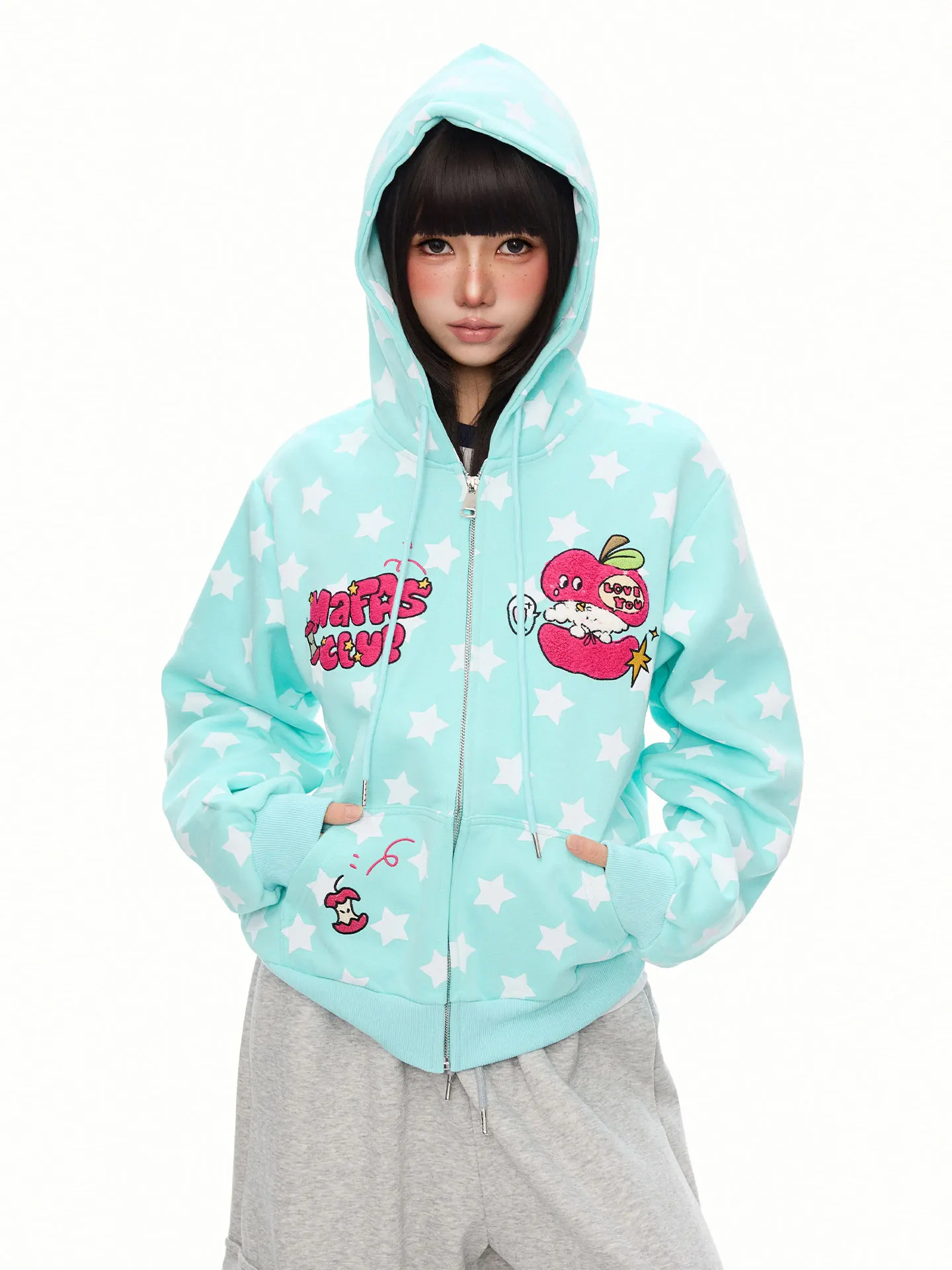 K787 Cartoon  Hoodie Zipper Jacket Unisex Macaron Colors Star Print Loose Fit Long Sleeve Short Length Casual Sweatshirt