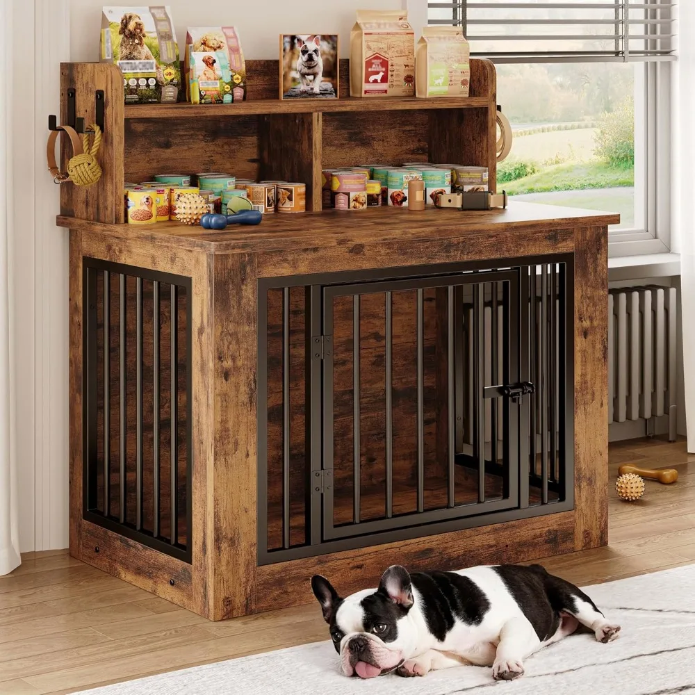 

Dog Crate Furniture, 33.4 inches Wooden Small Dog Crate with Storage and 4 Hooks, Heavy Duty Pet Crate for Small Dog, Decorativ