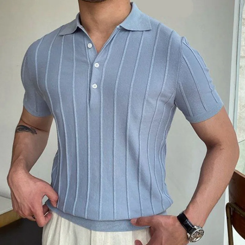 Classic Men’s Pleated Polo Cotton Shirt Old Money Striped Knit Polo in Dusty Blue Casual Turn-down Collar Button Fashion T-shirt