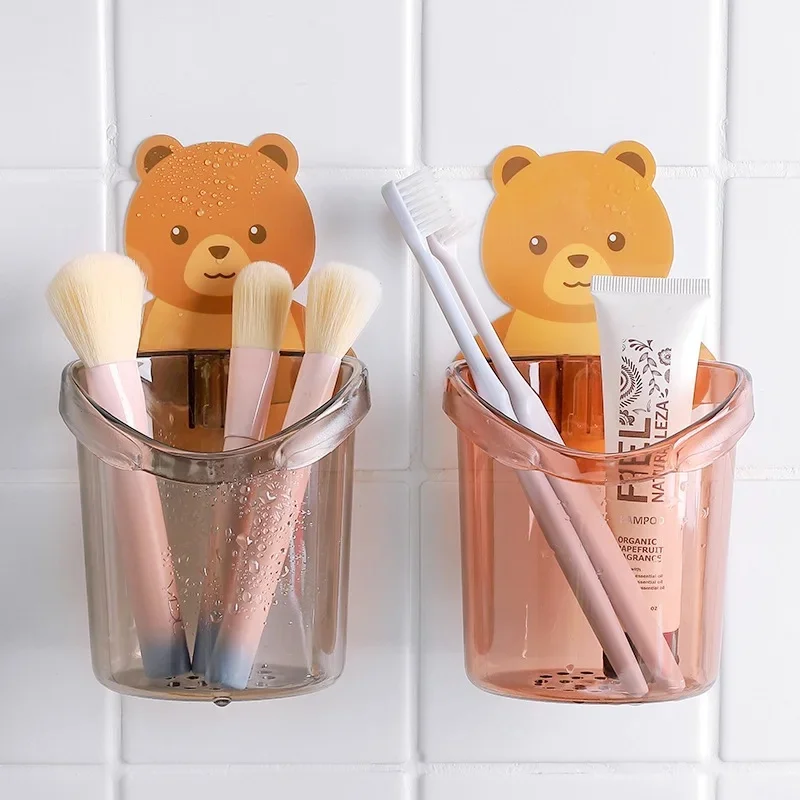 2pcs Cartoon Bear Hole-Free Wall-Mounted Storage Cup Toothpaste Organizer Bathroom Brush Holder Toothbrush Rack