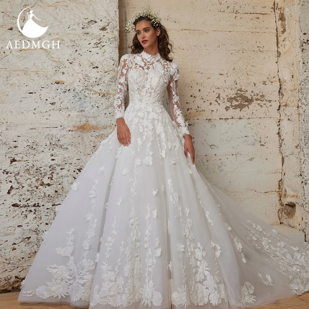 Aedmgh-vestidos De novia elegantes De corte en A, bata De manga larga con cuello alto, Apliques De encaje, flores, vestido De novia elegante hecho a medida