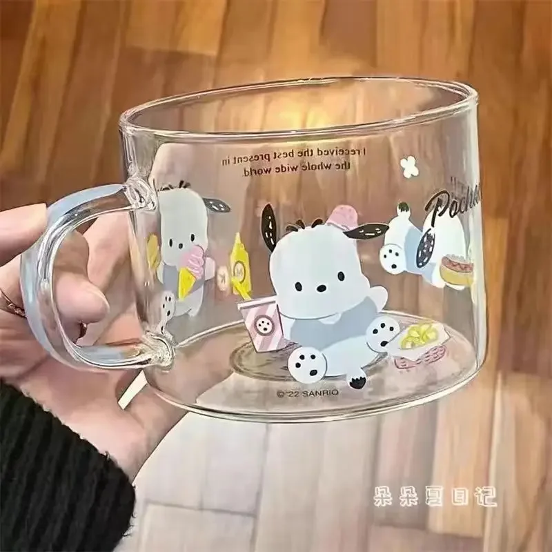 Pochacco Kawaii copo de água de vidro para crianças, desenhos animados Sanrio, Cinnamoroll, Kuromi Ins Breakfast Milk, Anime Sweet Gifts