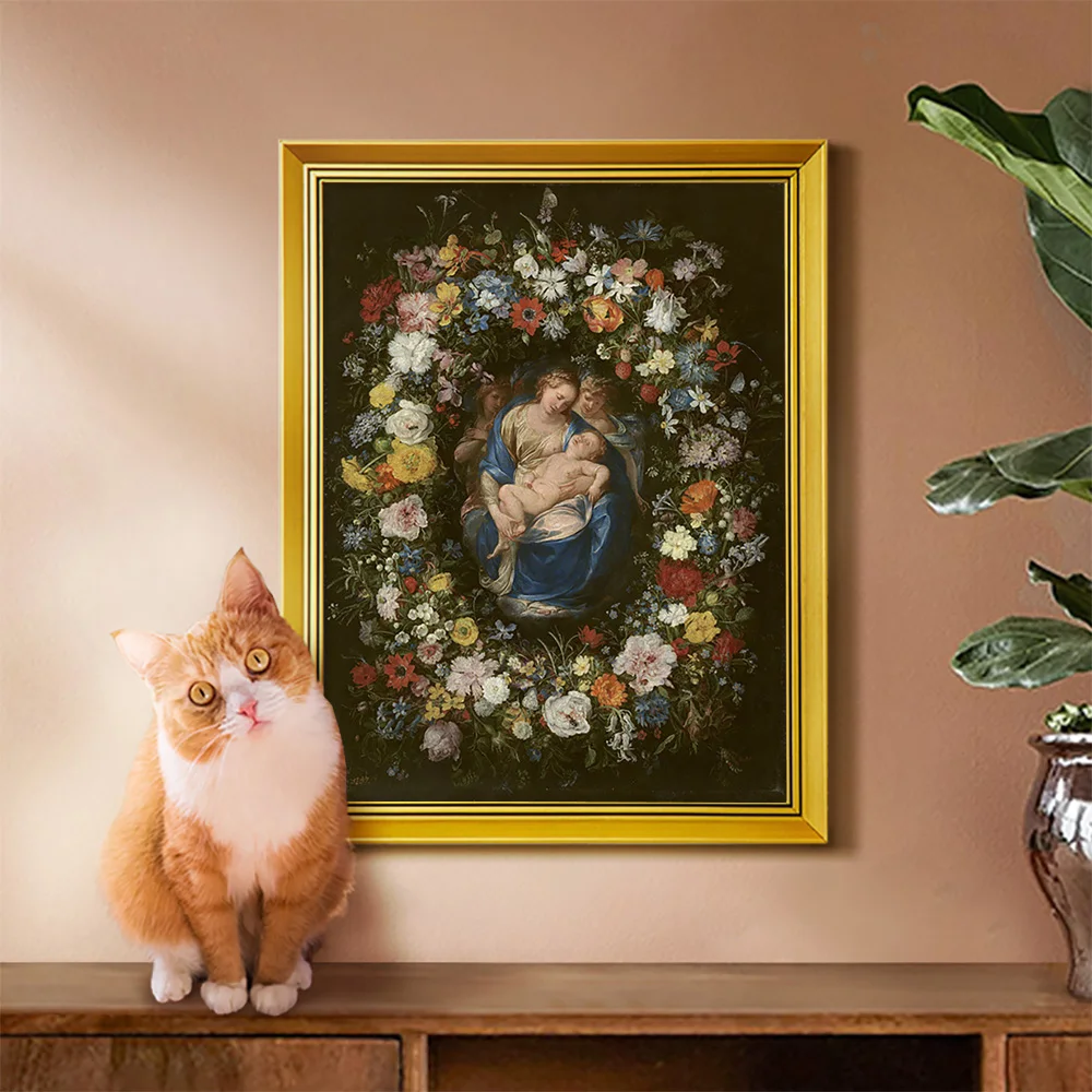 Jan Brueghel The Elder Art Print Poster Wreath With Virgin And Child And Two Angels Canvas Painting Religion Wall Picture Decor