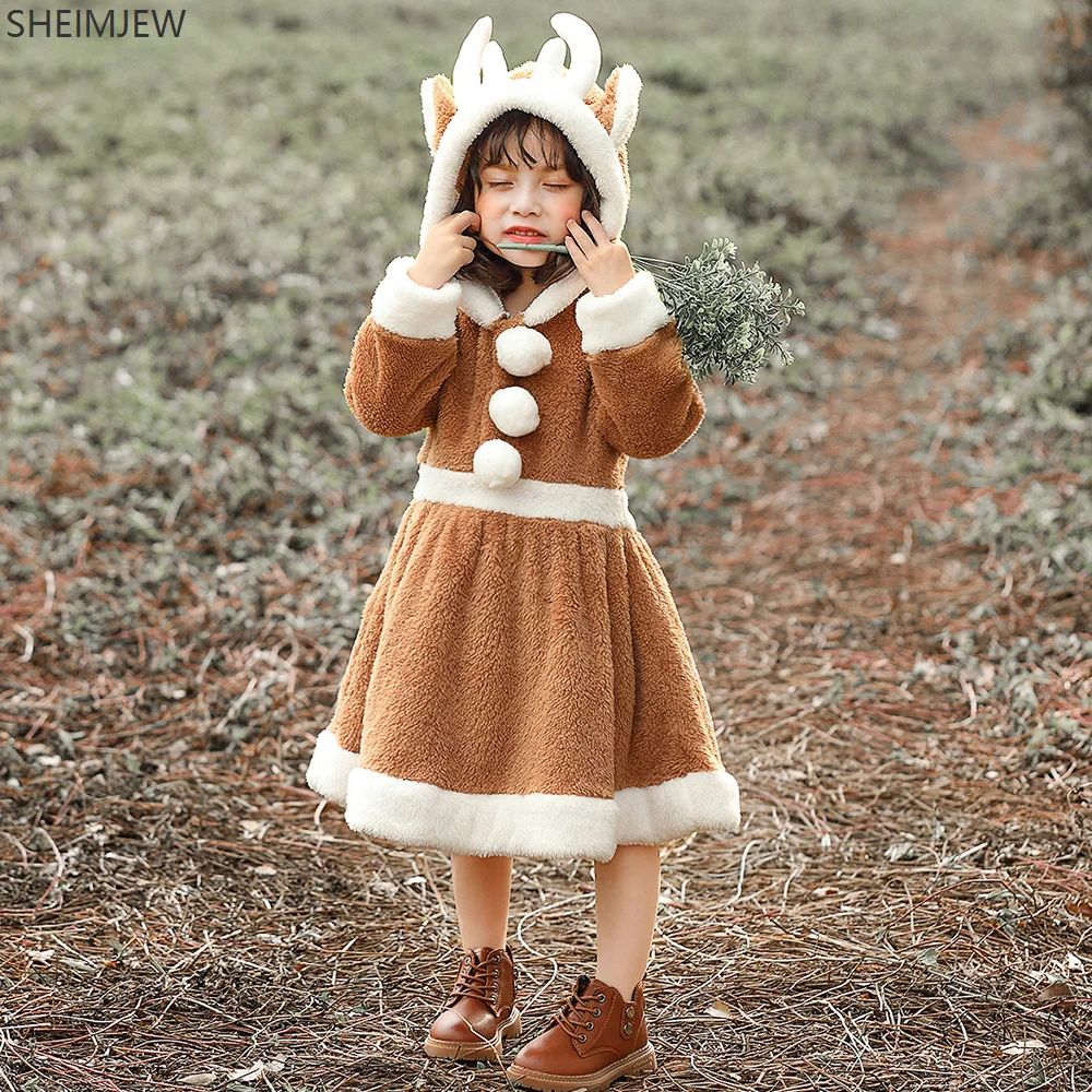 

Cute Girls Elk Reindeer Costume Warm Dress Coral Fleece Dress Christmas Role Playing Costume Children's Home Pajama Set