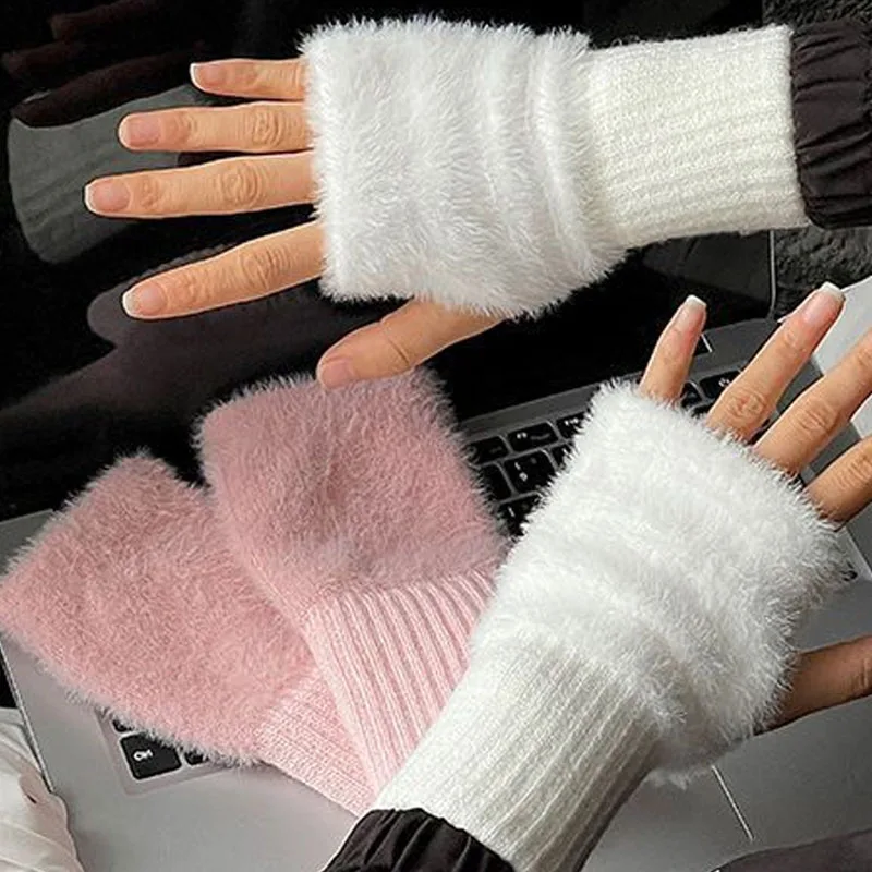 Winter Women's Mink Fleece Soft Half Finger Gloves Warm Luxury Solid White Plush Knitted Fingerless Glove Wrist Mittens Writting