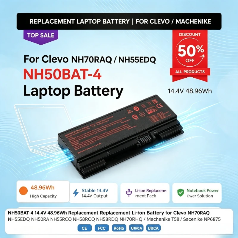 NH50BAT-4 14.4V 48.96Wh Laptop Battery for Clevo NH70RAQ NH55EDQ NH50RA NH55RCQ NH58RDQ NH70RHQ, Replacement for Machenike T58