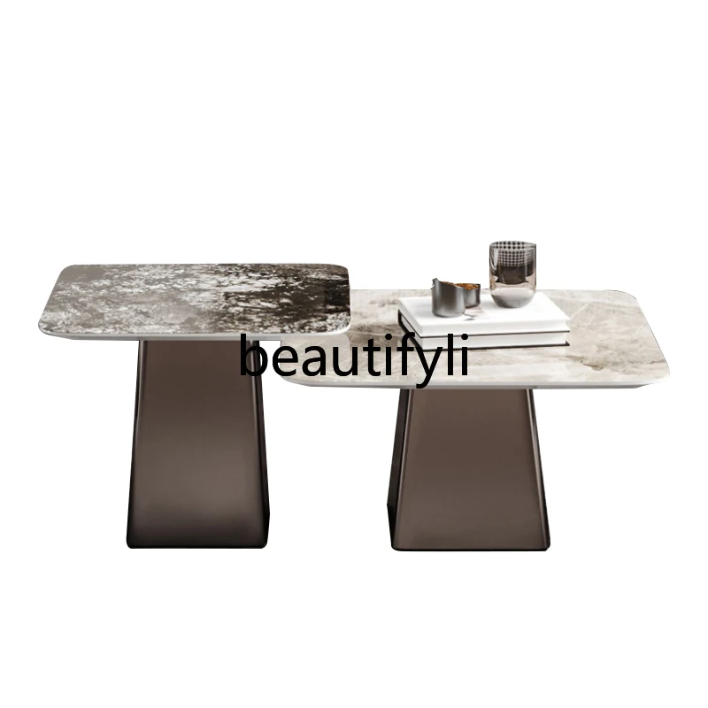 

Light luxury minimalist rock slab coffee table square high-end modern simple retractable size combination