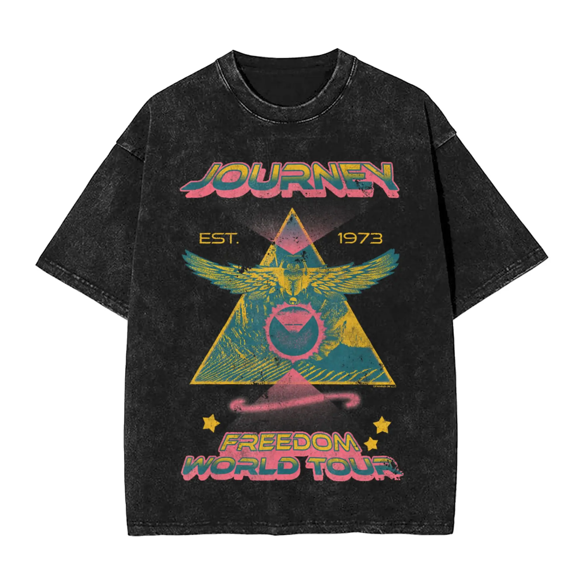 Journey Triangle World Tour Colorful Band Men's T Shirt Washed  Fashion Tee Shirt Short Sleeve Crewneck T-Shirt 100% Cotton Tops