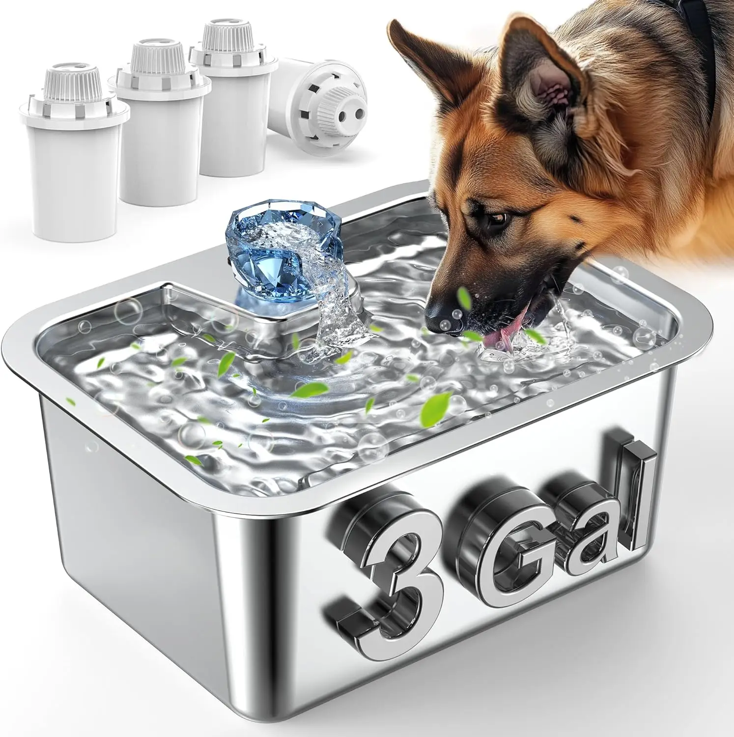 

Large Dog Water Fountain, 11L Stainless Steel, 4-Filters, Quiet Pump, Multi-Pet Home