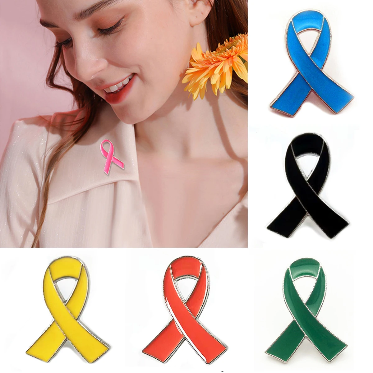 Pink Ribbon Breast Cancer Enamel Pins Red Green White Blue Black Rose Colors Prevention Awareness Badge Brooches