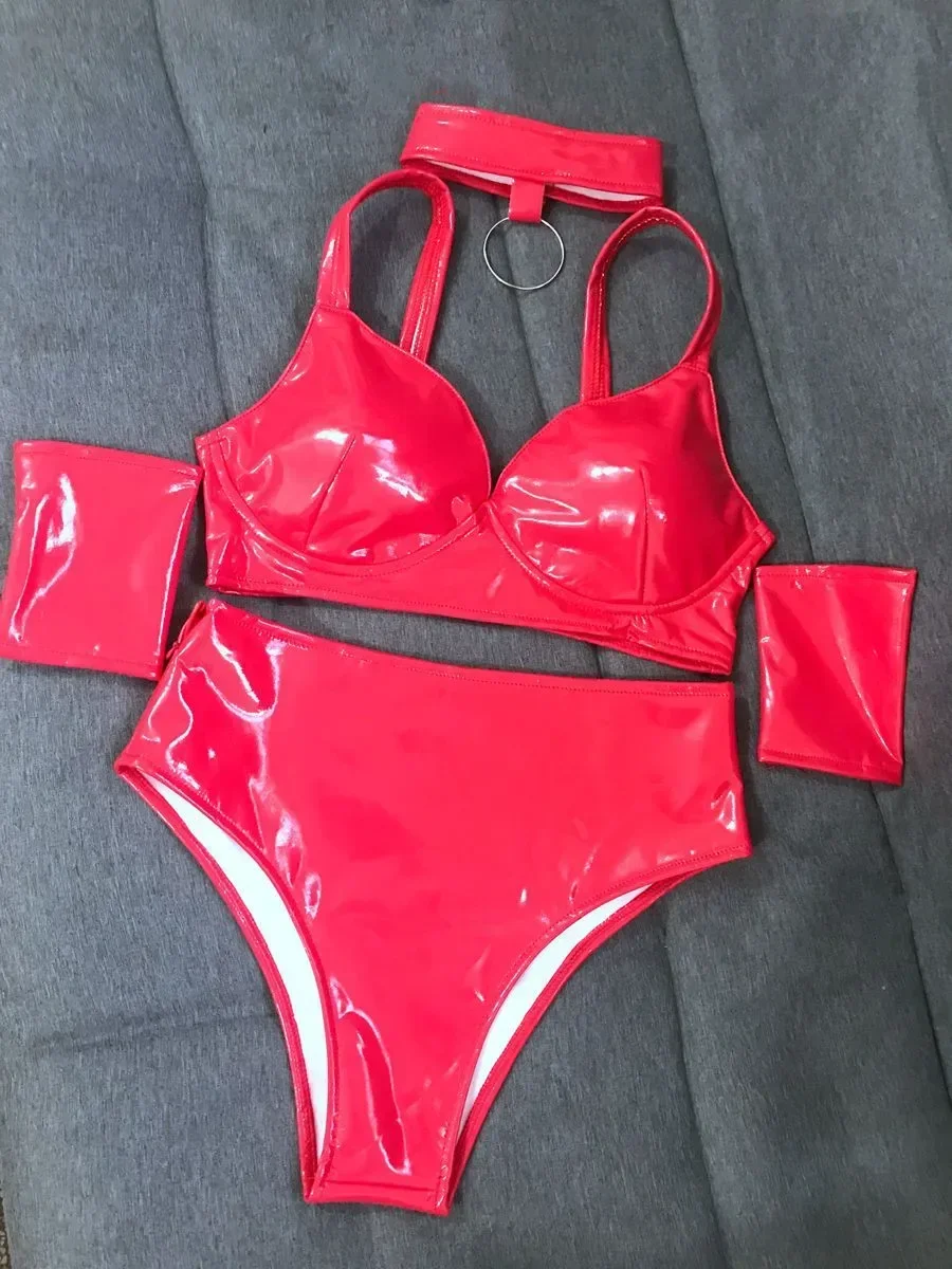 Rose Patent Leather Bra Shorts Bikini Dance Outfit Nightclub Bar Singer Dance Team Jazz Performance Costume Party Stage Wear