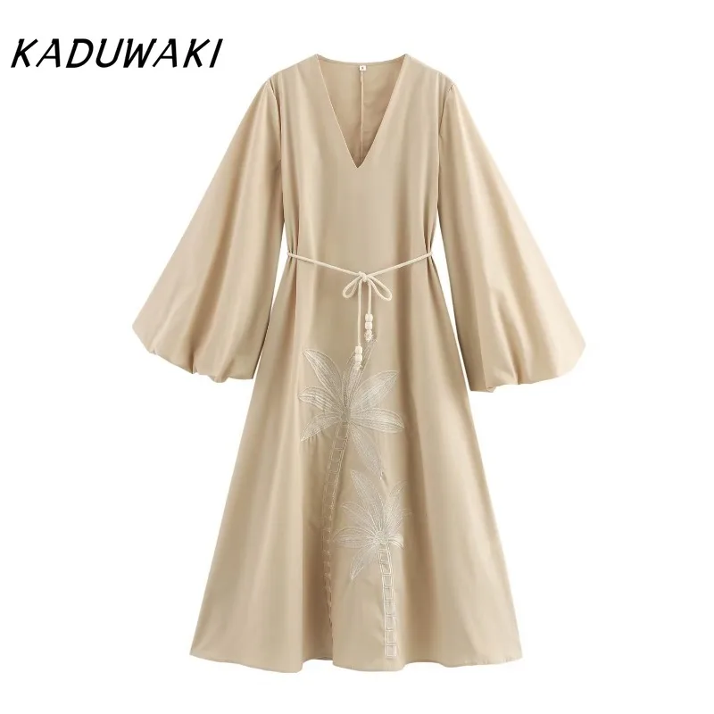 KADUWAKI Women Elegent Khaki Robe V-Neck Flare Sleeve Embroidered Vestidos New 2025 Fashion Spring Summer Vintage Holidays Dress